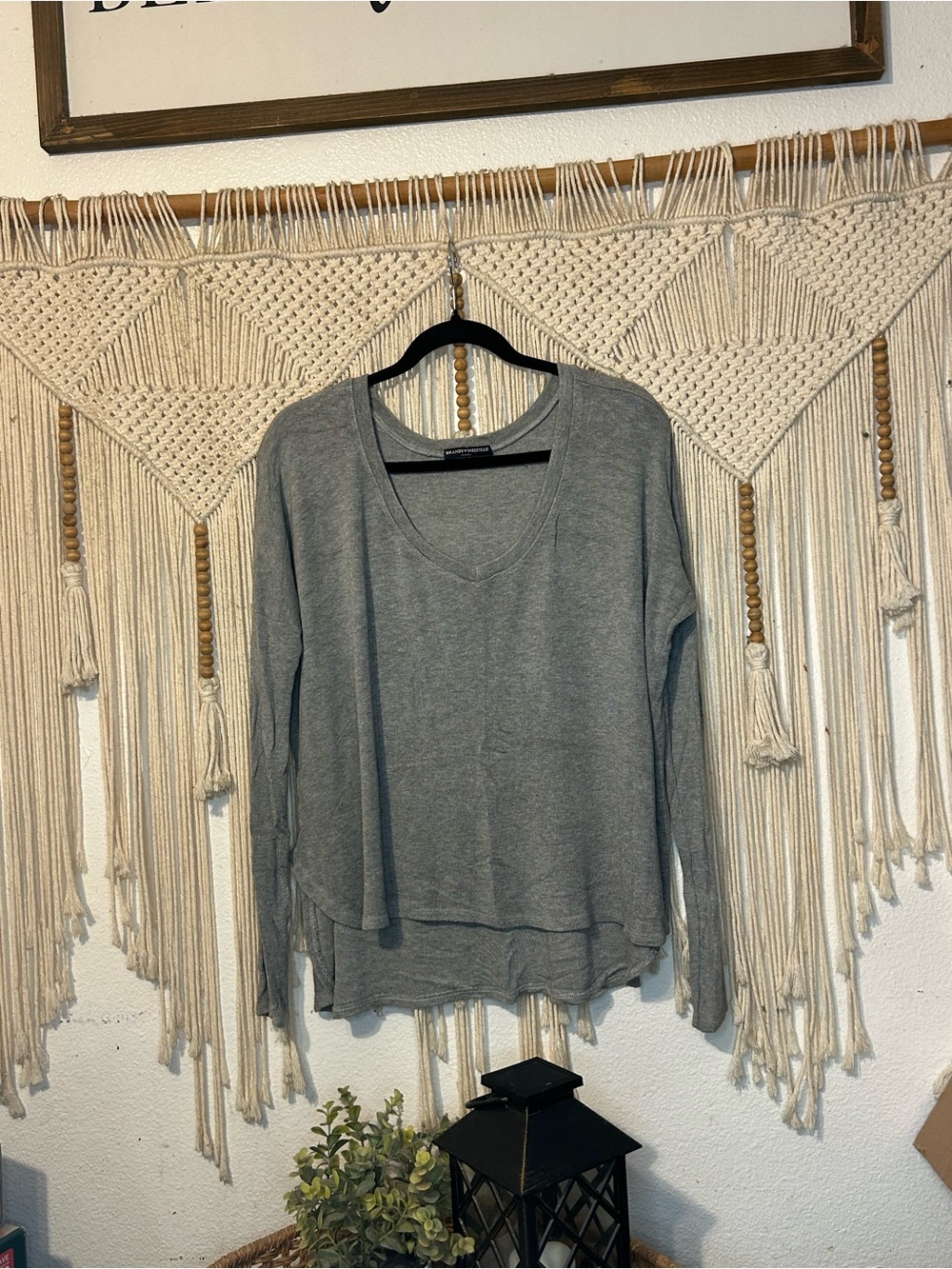 Brandy Melville Gray V-Neck Layered Hem Long Sleeve Top